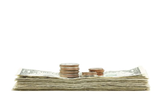 Stack of Money & Coins Isolated on a White Background.