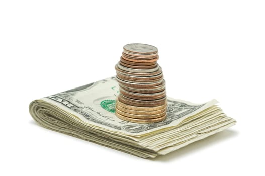 Stack of Money & Coins Isolated on a White Background.