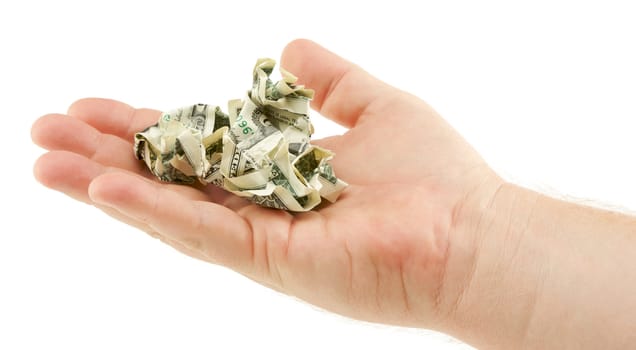 Crumpled Dollar Bills In Palm Isolated on a White Background.