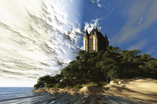 A beautiful castle sits majestically on a hill overlooking the ocean.