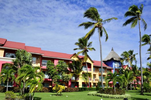 Palm trees surrounding a tropical resort in Dominican Republic.