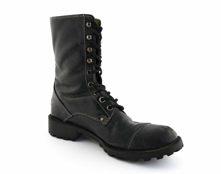 Army style black leather boot on white background.