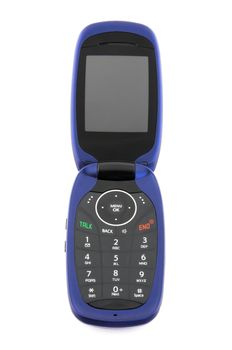 Modern blue clamshell cell phone on white background, font view.