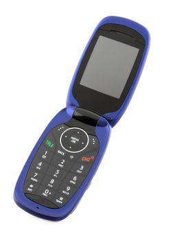 Modern blue clamshell cell phone on white background.