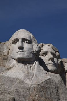 Mount Rushmore in South Dakota, closeup of Washington and Jefferson.