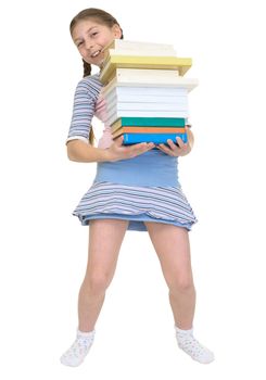 The schoolgirl has a large stack of textbooks