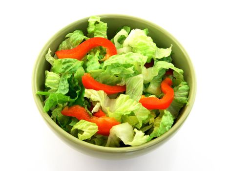 Simple healthy salad in a green bowl, on white background.