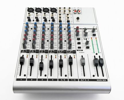 Silver sound mixer for audio recording on white background.