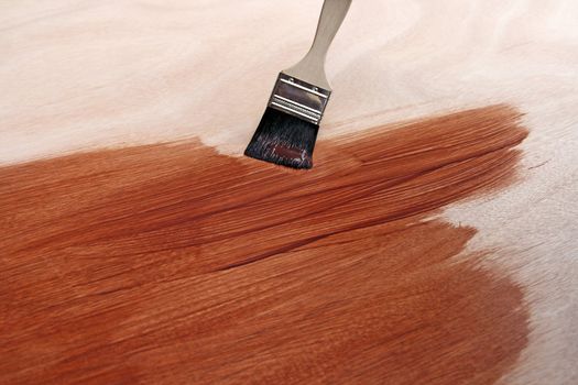 Newly painted wooden surface and paint brush.