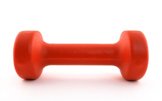 Orange dumbbell on white background.