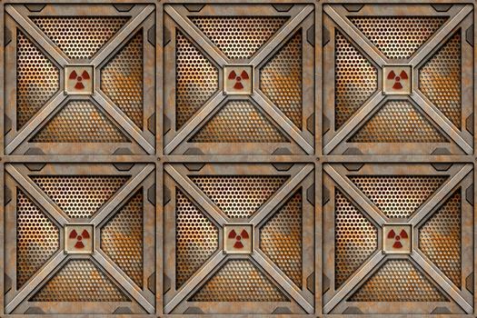 six radioactive storage crates piled up