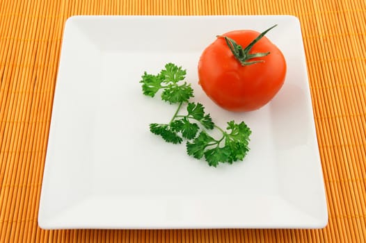 Tomato and parsley on a white square plate.