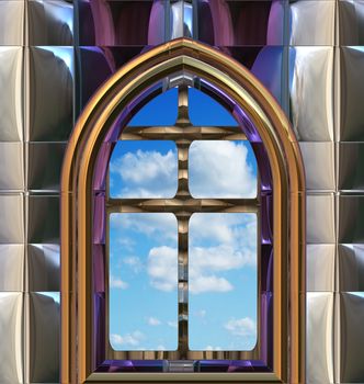 image of a gothic or science fiction window looking onto cloudy blue sky