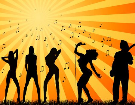 silhouette musician singer and backup singers in front of the hot sun
