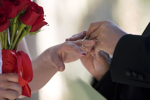 Groom placing a ring on a bride's finger