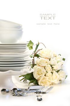 Assortment of plates for wedding on white background
