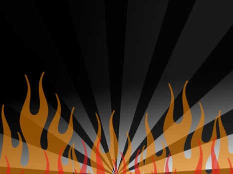 a page background featuring orange flames over a dark sunburst