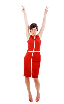 Sexy woman in red dress with hands up 