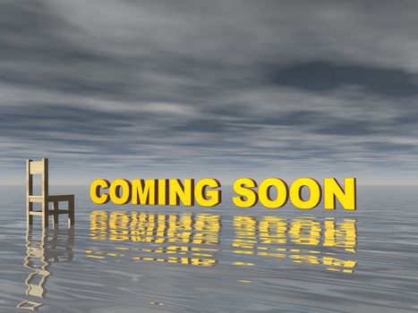 coming soon text and chair at water landscape - 3d illustration