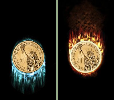 dollar coin with fire flames and icicles, e.g. as button