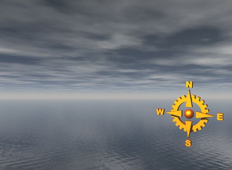 golden compass and water landscape in background - 3d illustration