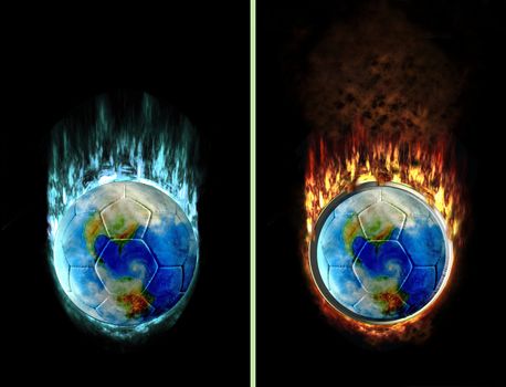 football world burning with ice and fire flames, e.g. as button