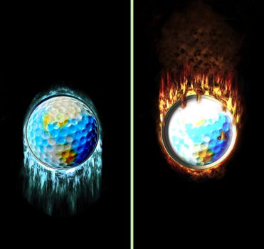 golf ball flying with icicles and fire flames, e.g. as button