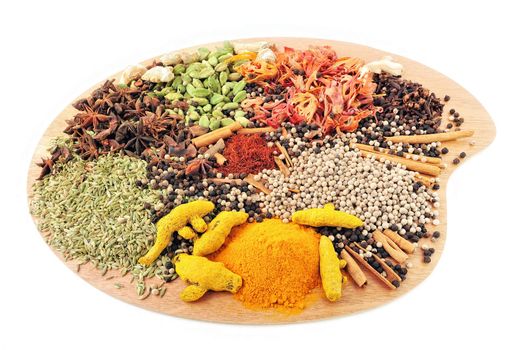 Various Spices are located on a wooden palette
