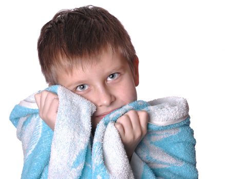 Cheerful kid after bath. Isolated on white background