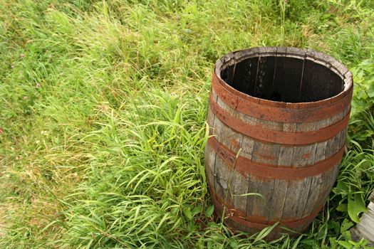 Old empty wooden barrel in green grass.