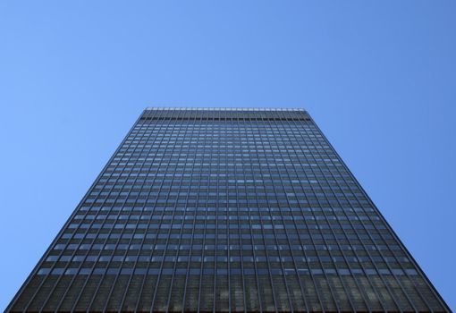 Perspective view of a high-rise rectangular building.