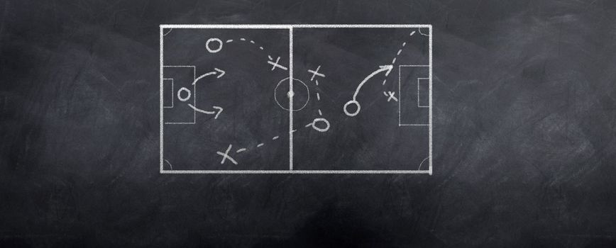 A socceer strategy board as the half time whistle blows. Written in chalk on a blackboard.