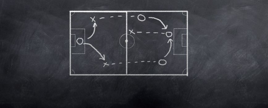 A socceer strategy board as the half time whistle blows. Written in chalk on a blackboard.