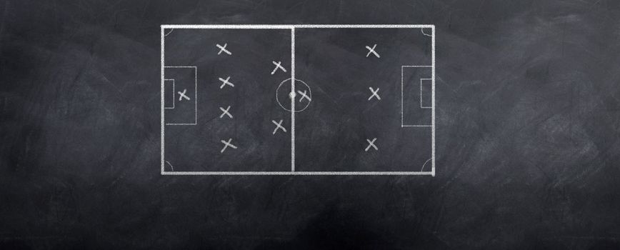 A socceer strategy board as the half time whistle blows. Written in chalk on a blackboard.