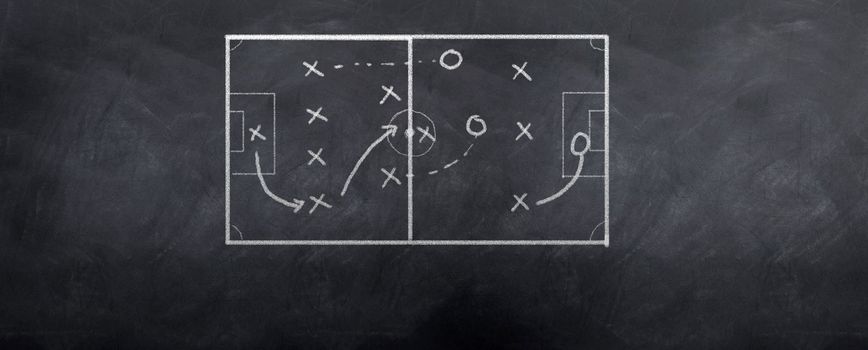 A socceer strategy board as the half time whistle blows. Written in chalk on a blackboard.