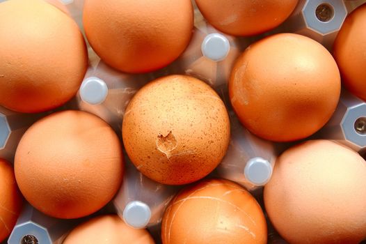 A set of brown eggs in a plastic tray