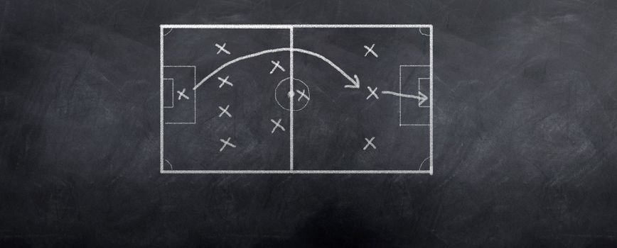 A socceer strategy board as the half time whistle blows. Written in chalk on a blackboard.