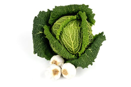 Single green cabbage with white garlic bulbs on a reflective white background