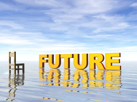 future text in water landscape and chair - 3d illustration