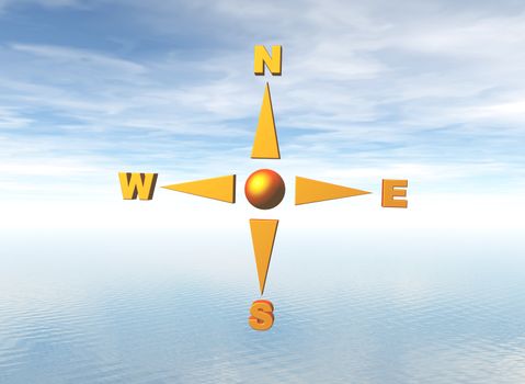 golden compass and water landscape in background - 3d illustration