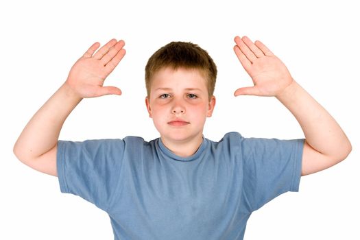 hands-up. little boy on a white background.