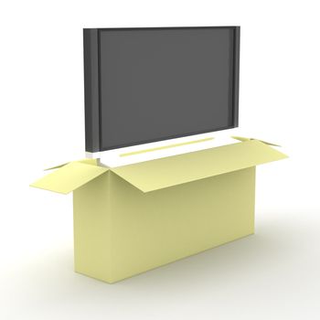 TV in a packing box. 3D image.