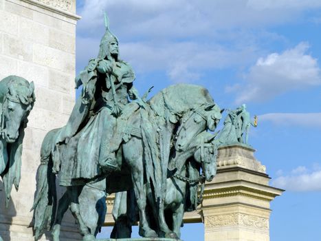 Equestian statue of Hungarian tribe chieftain Arpad at the base of the column in Heroes' Square, Budapest