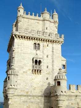 Detail of Belem tower on river Tagus in Lisbon. It is considered one of the main works of the Portuguese late gothic and it is decorated with the typical manueline motifs like the armillary sphere (symbol of king Manuel I)