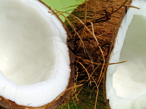 Close-up of an opened coconut fruit over a green background