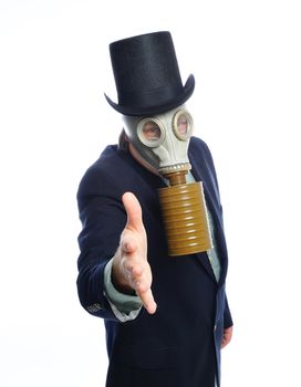 Man wearing a suit and gas mask on a white background