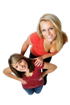 two friends posing together on a white background