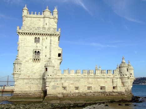 Belem tower on river Tagus in Lisbon. It is considered one of the main works of the Portuguese late gothic and it is decorated with the typical manueline motifs like the armillary sphere (symbol of king Manuel I)