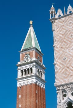 Detail of Saint Mark's bell tower and Doge's Palace
