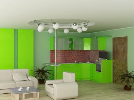 Interior of modern kitchen. 3D image.